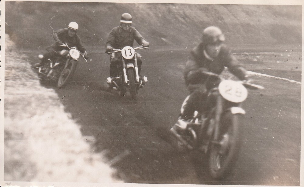 Photo postcard men on motorcycle vintage race reporter H. Skorka Menden-2-X