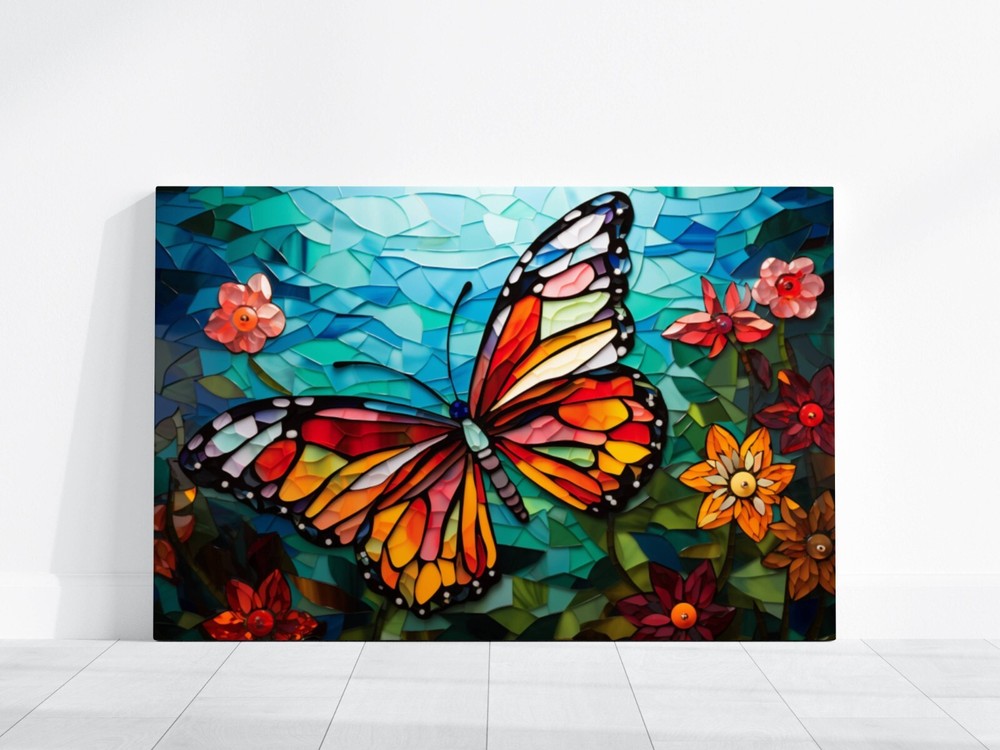 Butterfly Art, Beautiful Butterfly Stained Glass Themed Painting, Rainbow Flower