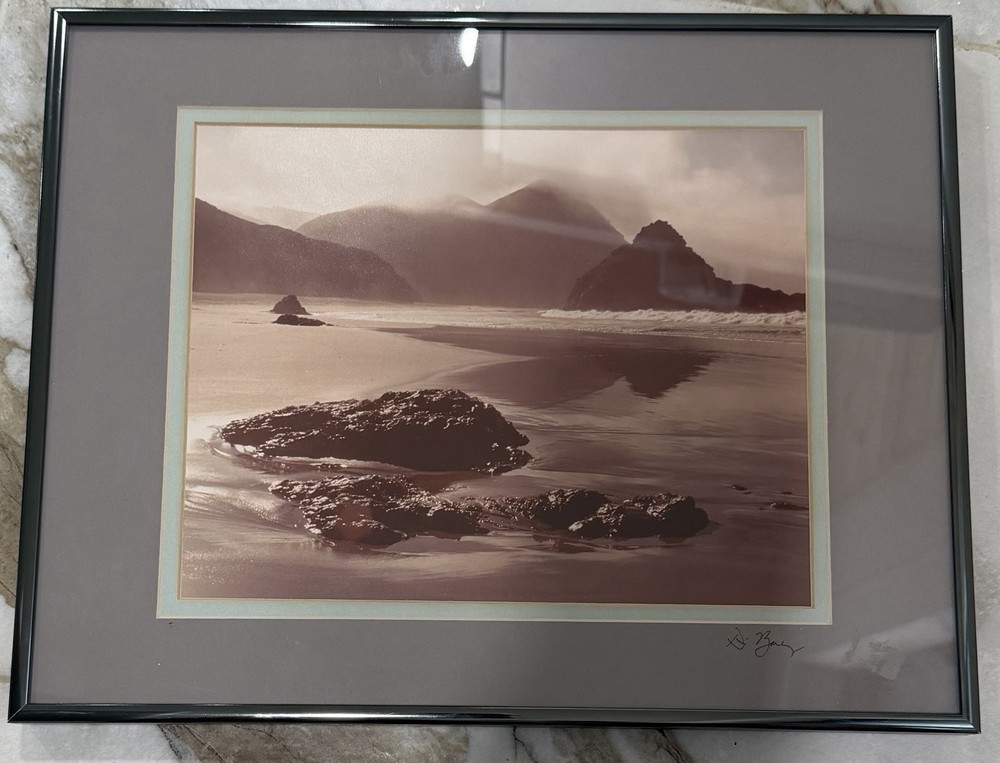Vintage Signed Sepia Coastal Seascape Photograph Nielsen Metal Frame Matted