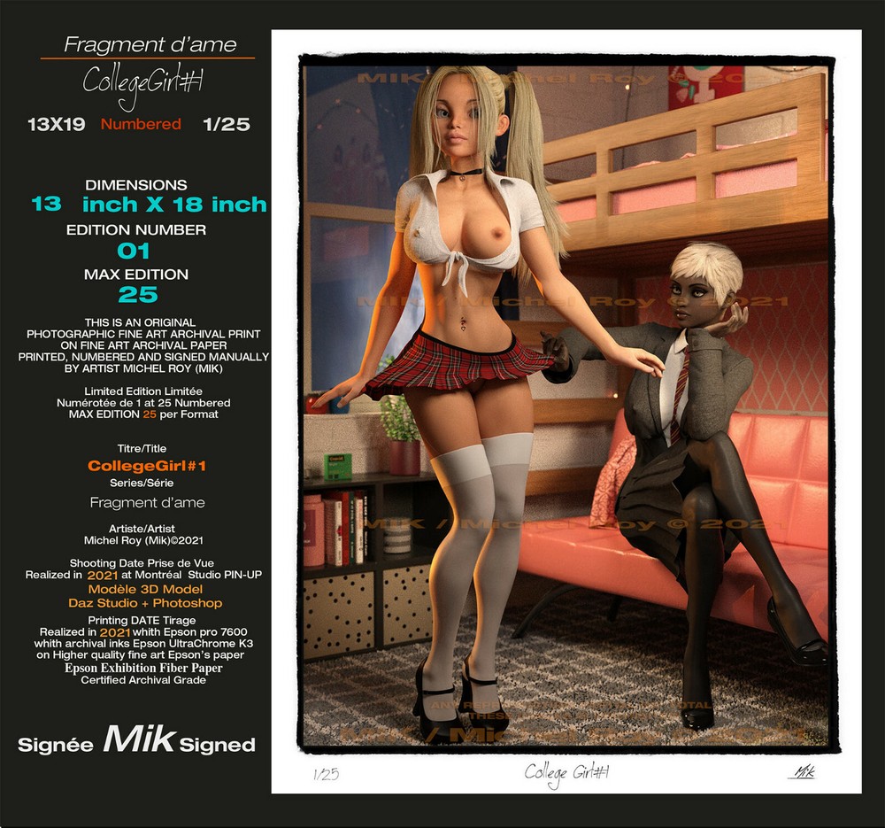 Art Nude «CollegeGirl#1» 13×19 Sign Mik & Num 1/25 Fine Art Nude NUDE 3D Model