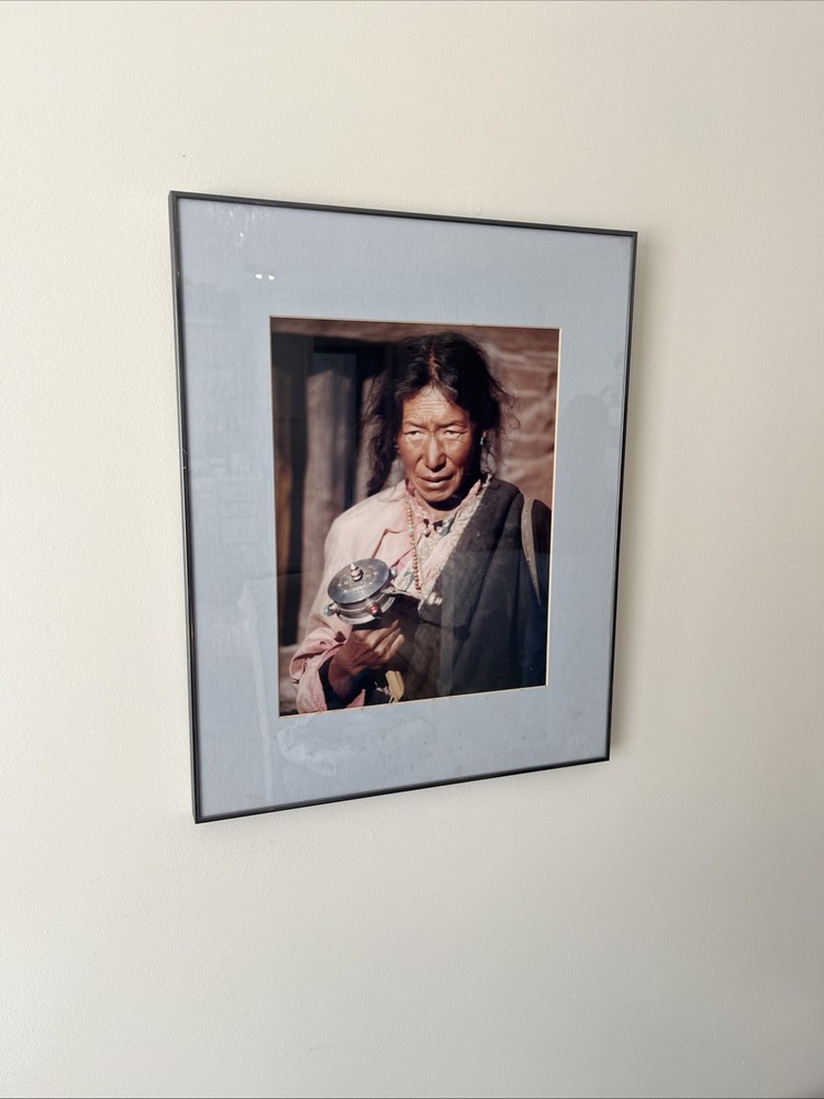 Framed And Matted Photograph Portrait Tibetan Woman Holding A Mani Wheel 20”x16”