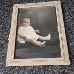 Antique 1920s Hand Colored Baby Portrait Photograph Art Deco Frame 6×8