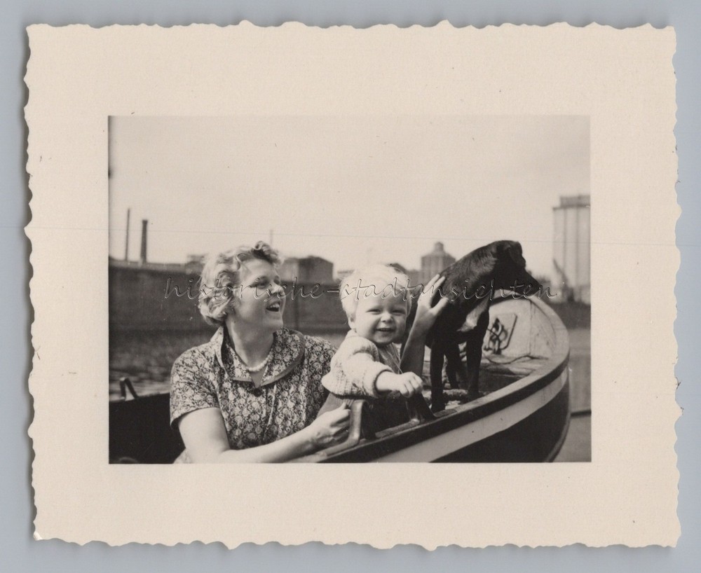 Boat trip with dog woman laughing child – used Magdeburg – Old Photo 1950s