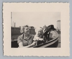 Boat trip with dog woman laughing child – used Magdeburg – Old Photo 1950s