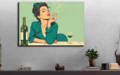 Retro Pop Art Woman Smoking Cigarette with Wine Bottle and Glass, Vintage Comic