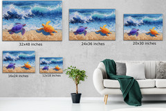Colorful Sea Turtles Beach Painting, Purple Orange Ocean Blue Waves, Coastal Art