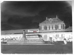 Old Black And White Photo Glass Plate Negative 13X18 CM Vichy Train Station Bus