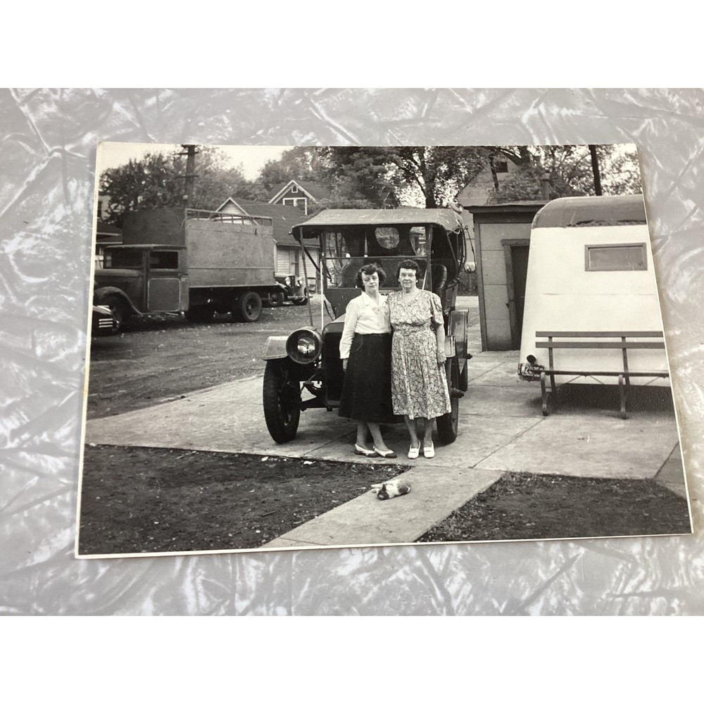 Vintage Black and White Photograph Two Women Standing by Antique Car