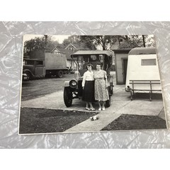 Vintage Black and White Photograph Two Women Standing by Antique Car