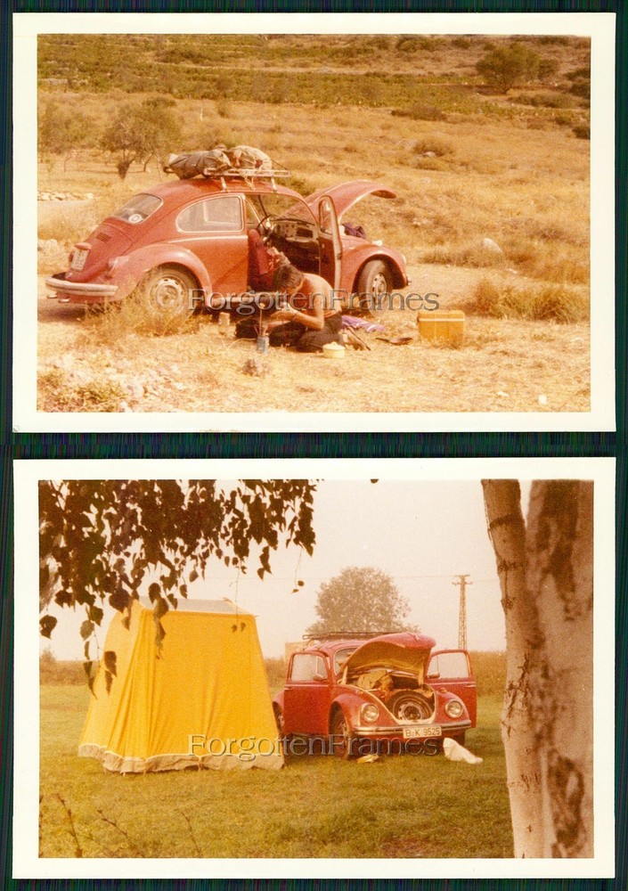2x Photo Man on VW Beetle Tent Tourist Beetle Vintage