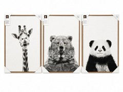 Simon Te Black And White Framed Animal Collection. Wood Frame, 3 Pack