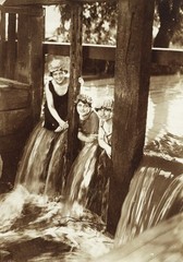 LOT 2x, pretty girls in river, swimsuits, bathing caps, women, water reflection