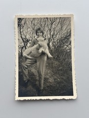 🐑Vintage Photo Girl with Lamb circa 1950s, 6×9 cm, inscribed on the back