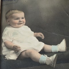 Antique 1920s Hand Colored Baby Portrait Photograph Art Deco Frame 6×8