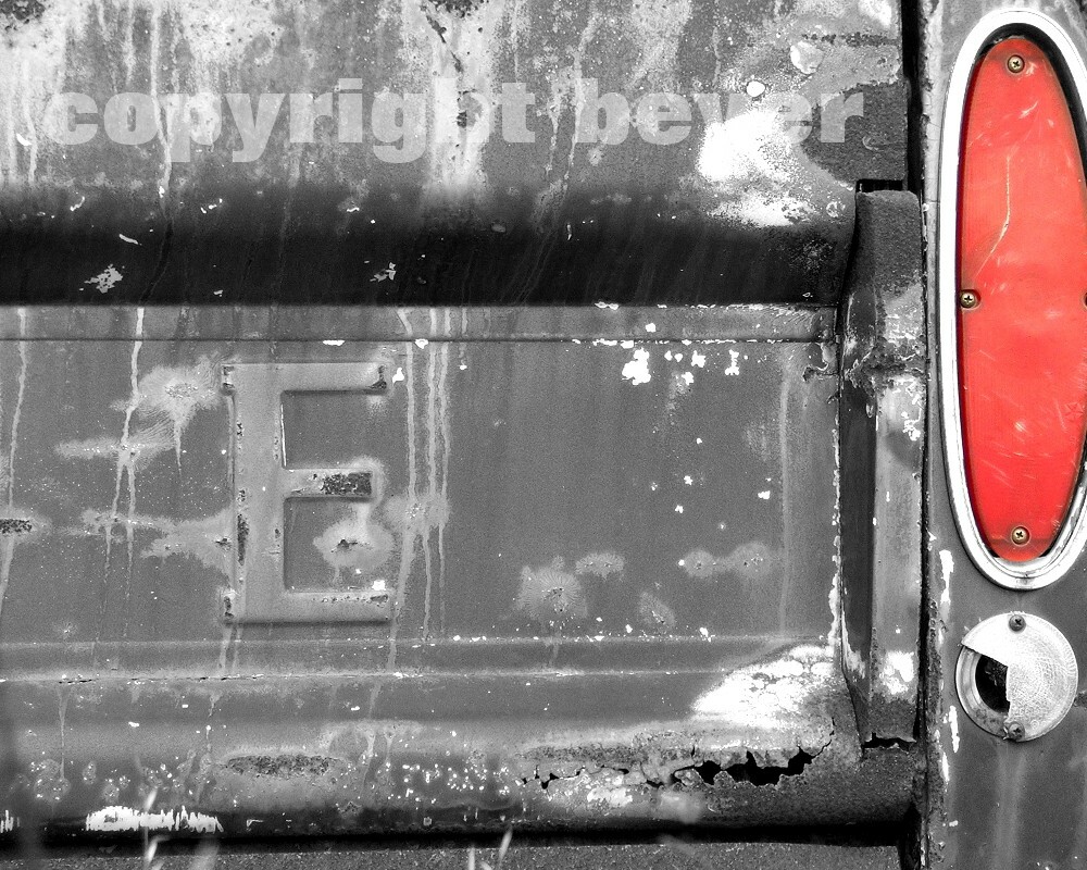 Old Rusty Dodge Pickup Truck Tailgate Red Taillight Black & White Photograph