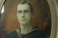 1918 WWI Hand Painted Navy Sailor Photo Oil Oval Bubble Glass Frame USA Flag