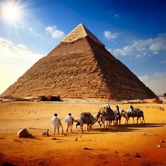 Digital photo of the Great Egyptian pyramids under construction in vast Desert