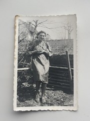 ❤️ Lot 2 Photos Woman with Rabbit in Garden Circa 1940s Dress Vintage 6×9