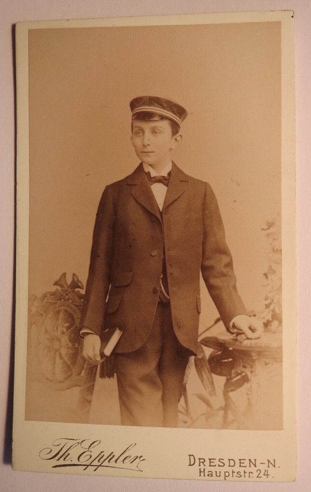 standing boy with student hat – backdrop / CDV Th. Eppler Dresden