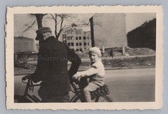 Father & Son on Bicycle in Front of War Ruins – Vintage Photo 1940s
