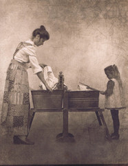 Hendrickson Orig Photo Sepia MOTHER AND DAUGHTER WASH DAY Twin Washtubs 11×14″