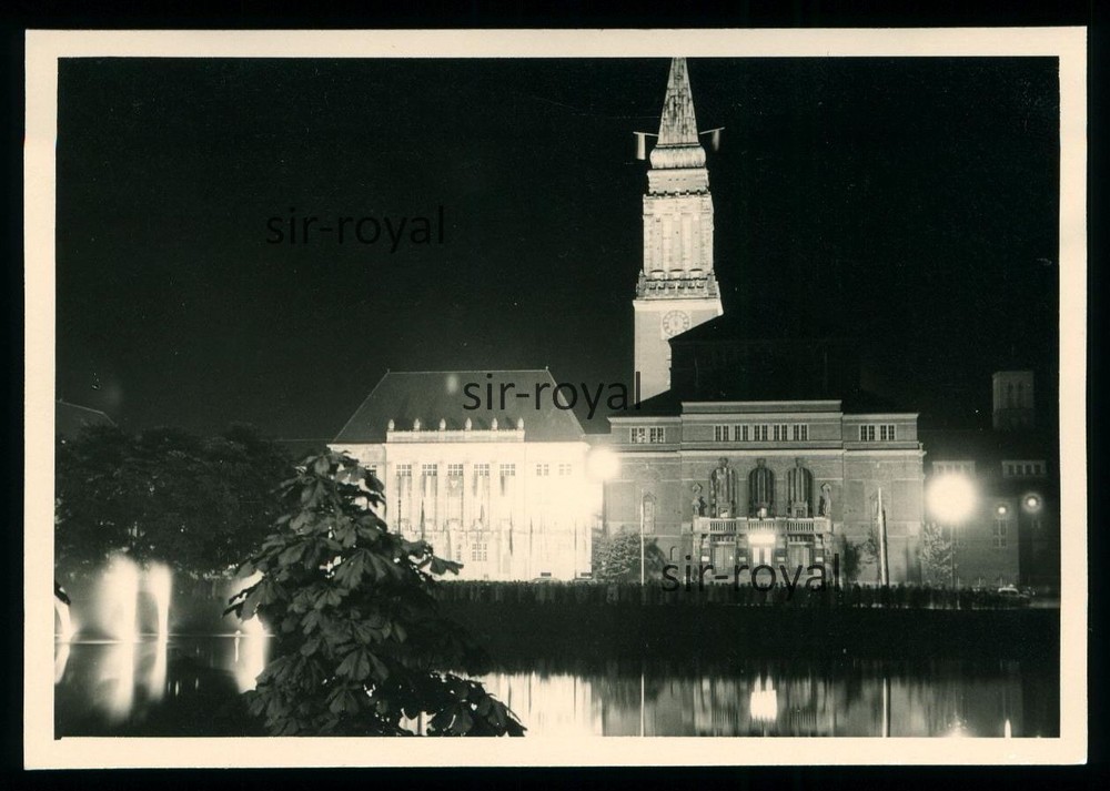 Illuminated Town Hall in Kiel at Night – 1950s 1960s – Photo 10x7cm