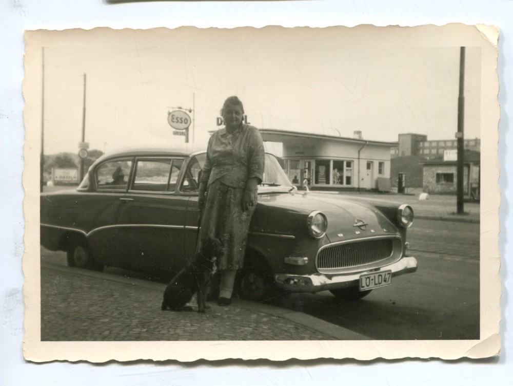 Old Photo Woman at Opel Car, 1960s, 9x6cm