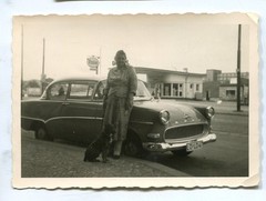 Old Photo Woman at Opel Car, 1960s, 9x6cm