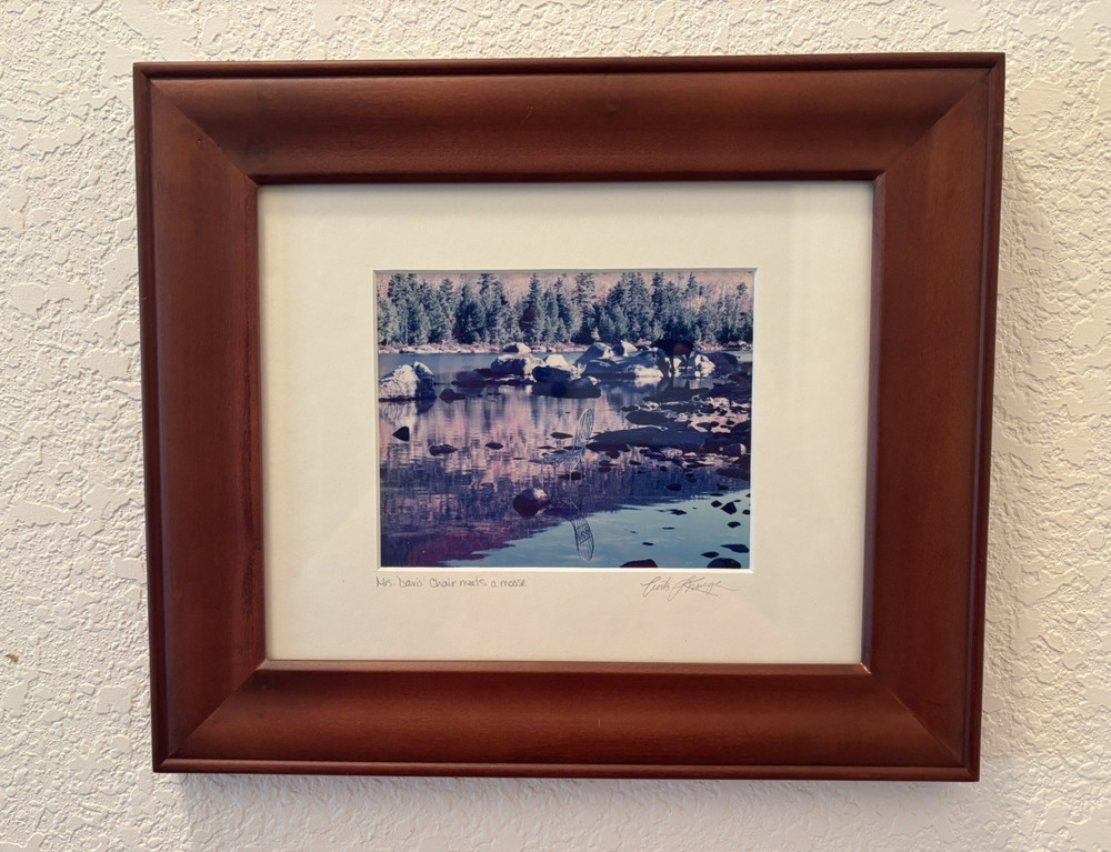 Curtis Krueger Signed Photo Framed Matted «Mrs. Davis’ Chair Meets a Moose».