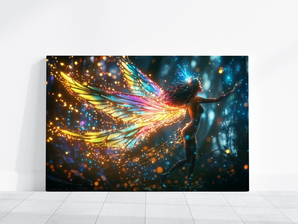 Fairy Art, Vibrant Fantasy Artwork Translucent Wings, Neon Fairy, Magical Glow