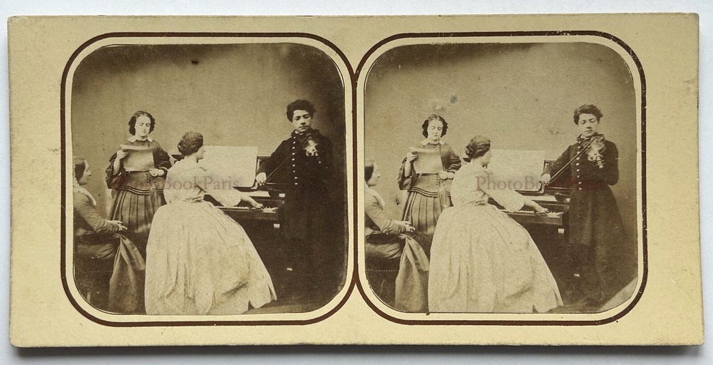 Scene Figure Skating Lesson Music – Rare c1858 Photo Stereo Vintage Album