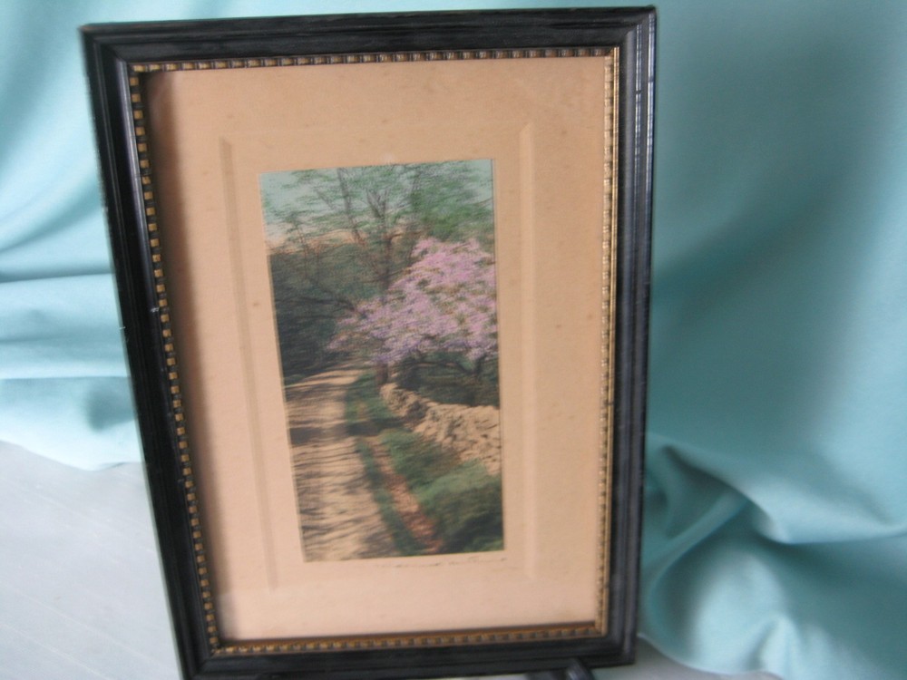 Antique Wallace Nutting Colorized Photo Stone Wall Rd Cherry Trees Framed Signed