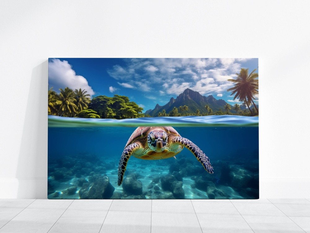 Sea Turtle Photo, Hawaiian Islands Art, Turtle Swimming in Ocean HD Photography