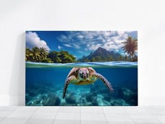 Sea Turtle Photo, Hawaiian Islands Art, Turtle Swimming in Ocean HD Photography