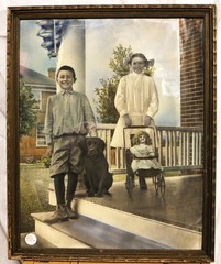 Wonderful Antique Hand-colored Photograph Boy & Girl Framed ca 1910-20 16 x 20″