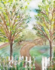 Country Lane with White Picket Fence Art Instant DOWNLOAD JPG Cabin Rustic Décor