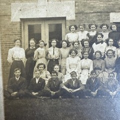 Antique Snapshot Portrait Group of Young Adult Students in front of Building