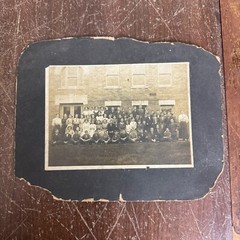 Antique Snapshot Portrait Group of Young Adult Students in front of Building