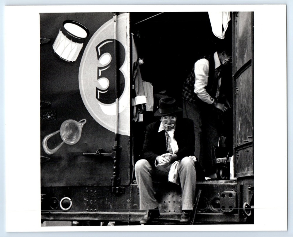 Sad Clown Circus Train Box Car Candid Photo Robert DeMilt Photograph 8×10″ c1983