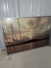 3 Ocean Boat Sunset Sepia Scene 28.25”X 20.25” Silver Metal Framed Portrait
