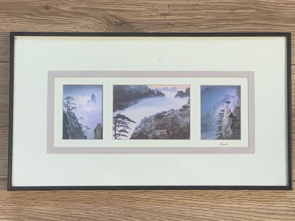 Soman Lo Hand Signed Huangshan Mountain Photo Triptych Framed Display