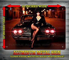 Elvira Mistress of the Dark on Macabre Hot Rod Metal Sign Wall Art 10″ x 14″