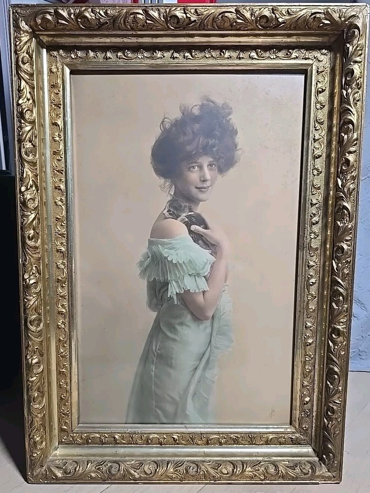 Vintage Ornate Gilt Glass Framed Portrait Of A Lady And Her Kitten