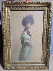 Vintage Ornate Gilt Glass Framed Portrait Of A Lady And Her Kitten