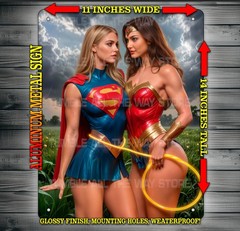 Sexy Wonder Woman and Supergirl Vixens in Field Metal Sign Wall Art 14″ x 11″