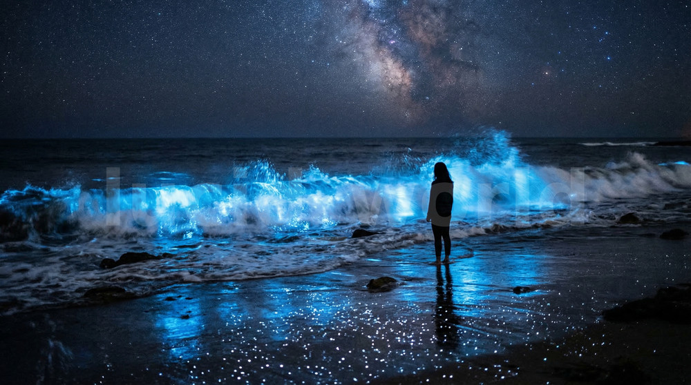 Bioluminescent Beach Milky Way Silhouette Digital Download Printable Wall Art