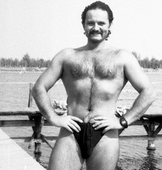 LOT 2x strong shirtless man wearing swimsuit, gay int., beach, 1970s vintage fin