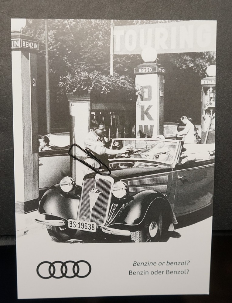 Photo Postcard Audi Museum DKW Car Gas Station Advertising Esso Petrol Car Old PK
