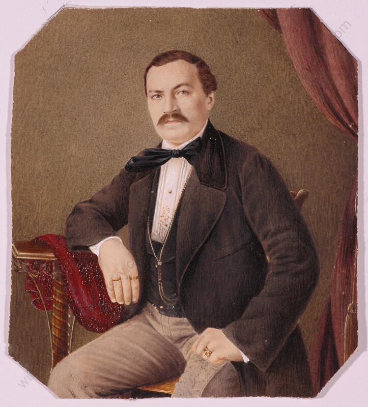 «Male Portrait», Austrian Watercolor over Photo, 2nd Half of the 19th Century