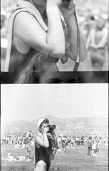 double exposure, ghost, sexy woman working w NIKON photo camera, vintage fine